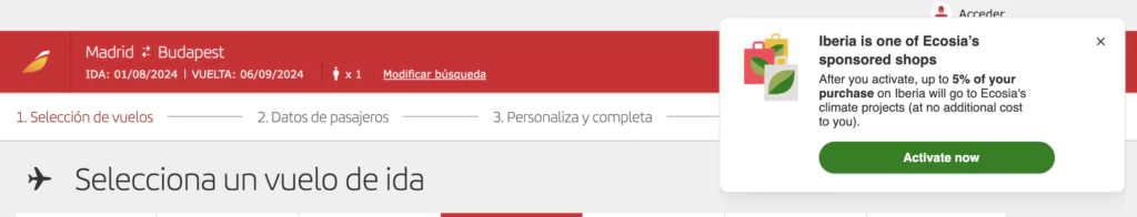 Donación a Ecosia de compra en Iberia