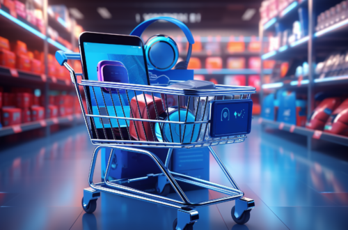 Carrito de la compra lleno de dispositivos tecnológicos